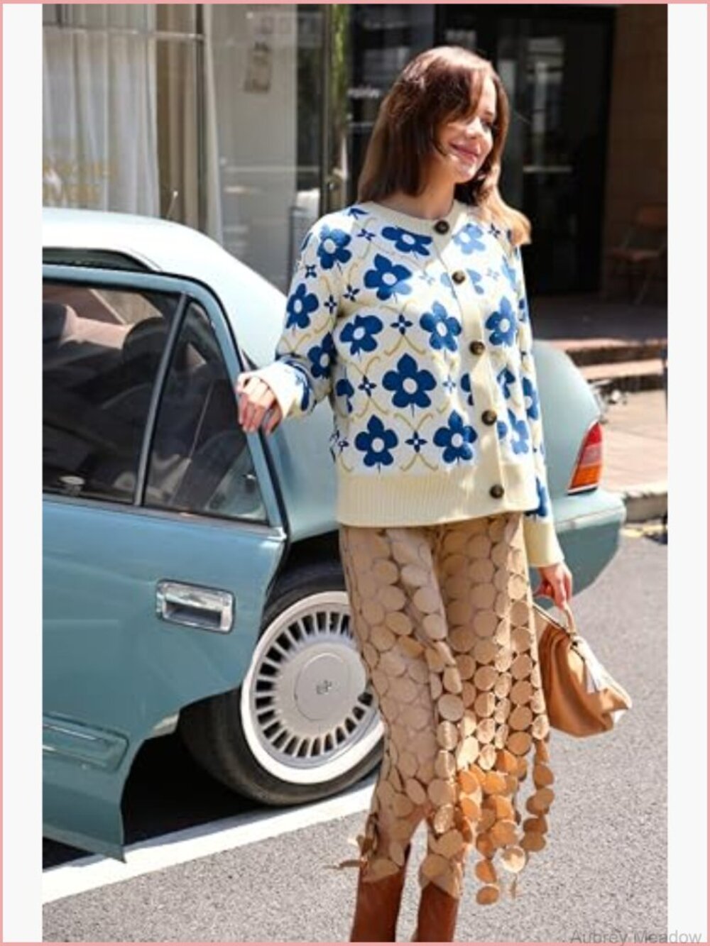 Floral Cardigan Sweater Long Sleeve Open Front Button Down Knit Retro Coat - Picture 4 of 7